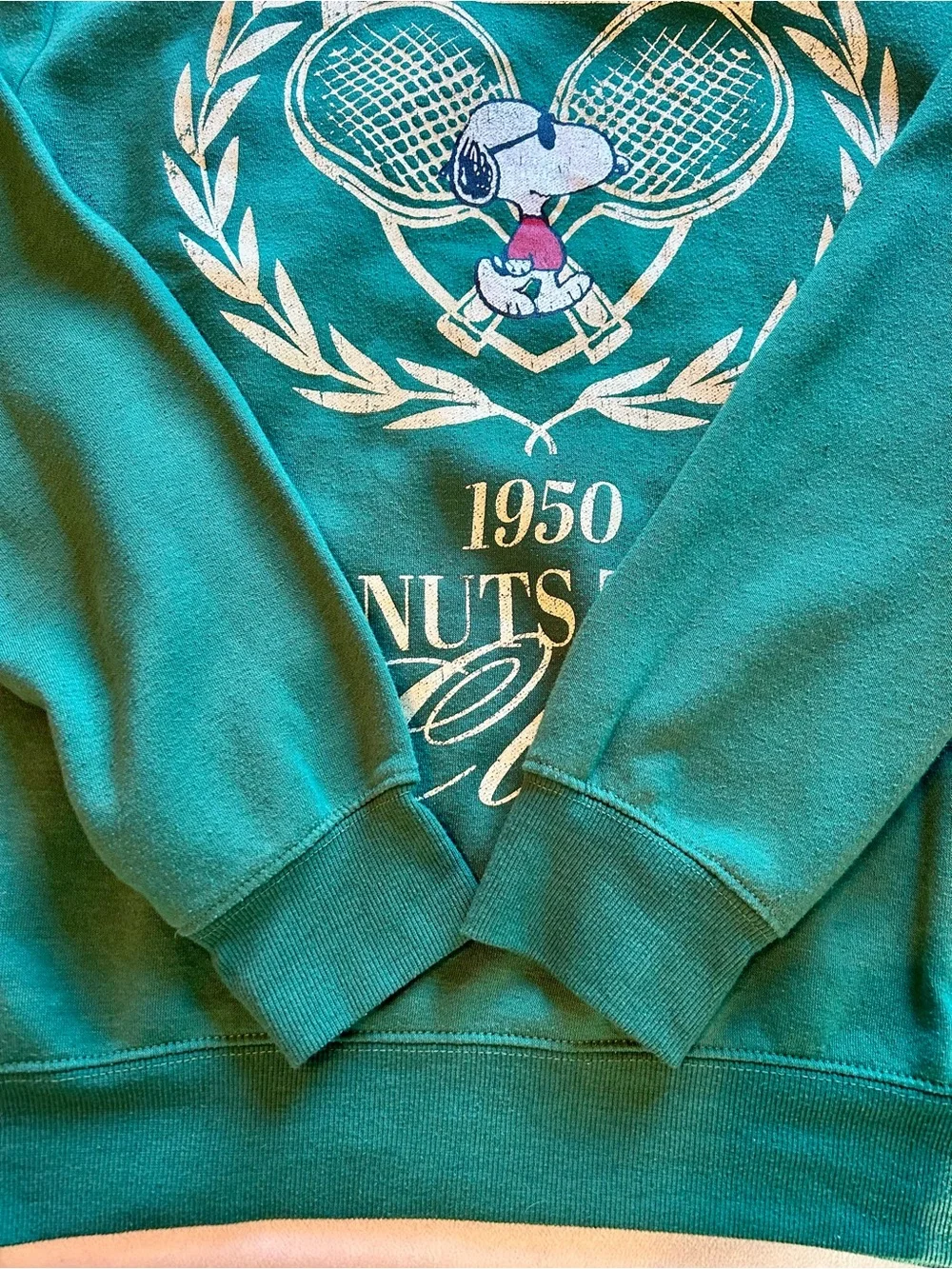 Peanuts Green Crewneck Sweatshirt with Snoopy Tennis Graphic - Picture 4 of 6